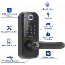 Smart Lock,SMONET Fingerprint Door Lock with Reversible Handle,Keyless Entry Bluetooth Deadbolt Lock ,Free APP,IC Card,Anti-peep Code,Work with Alexa,Smart Lever for Home,Office,Apartment