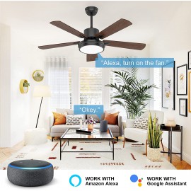 52 Inch Smart Ceiling Fan with Lights, Remote Control &amp; 6-Speed DC Motor, Works with Alexa/Google Home/Siri, 5-Blade Indoor/Outdoor WiFi Ceiling Fan for Living Room/Bedroom, 3 CCT, 3 Timers, Black